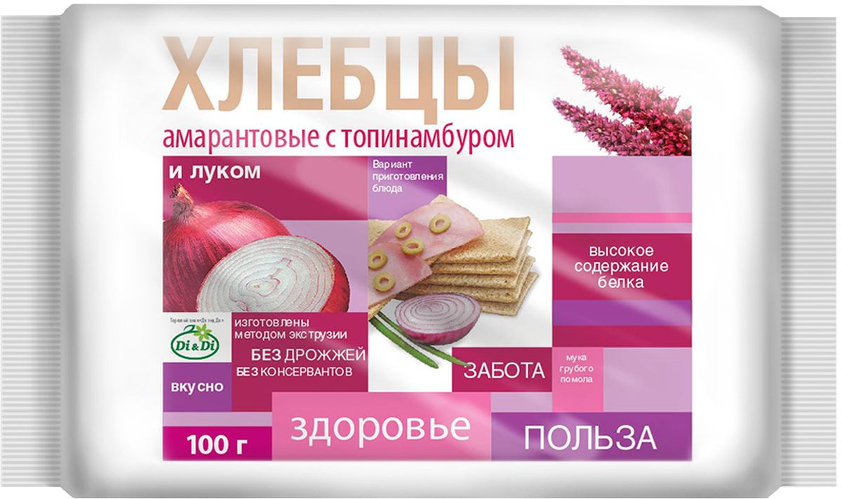 Di&Di хлебцы амарантовые с топинамбуром и луком, 100 г4650061331245 Di&Di хлебцы амарантовые с топинамбуром и луком, 100 г4650061331245Продукт функционального питания. Богат калием, кальцием, магнием, фосфором, железом.