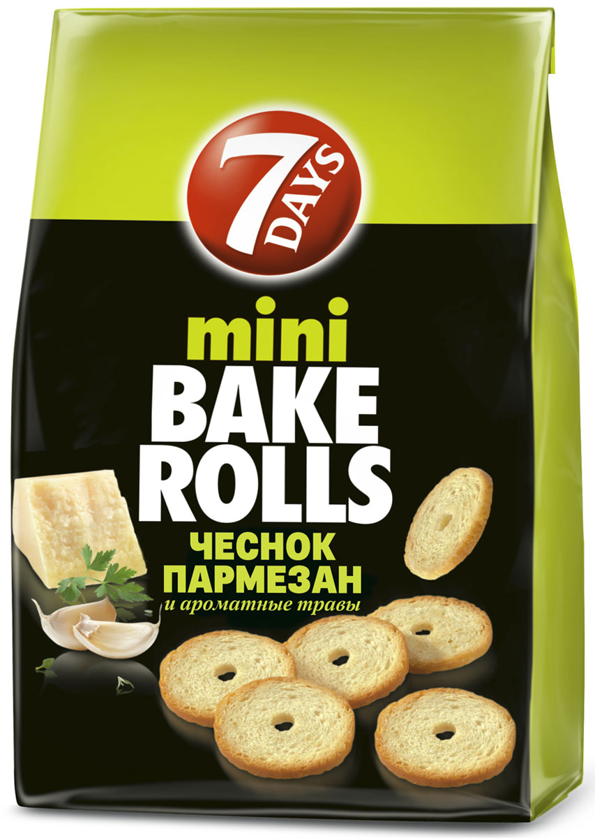 7DAYS Bake Rolls Мини-cухарики Чеснок пармезан и ароматные травы, 80 г64732 7DAYS Bake Rolls Мини-cухарики Чеснок пармезан и ароматные травы, 80 г64732Яркий! Богатый! Насыщенный вкус!Хрустящие, дважды выпеченные, тонко нарезанные хлебные ломтики с травами и специями с незабываемым богатым вкусом!