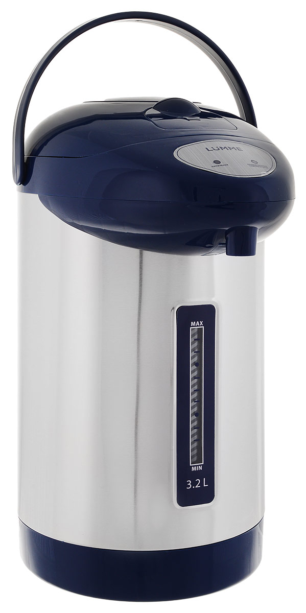Lumme LU-296, Blue термопотLU-296 Lumme LU-296, Blue термопотLU-2963,2-литровый термопот Lumme LU-296 с ручным насосом для безопасной подачи кипятка.Два режима работы – автокипячение и поддержание температуры позволяют использовать термопот с наименьшими энергозатратами, при этом теплая вода или кипяток остаются всегда под рукой.Благодаря корпусу из высококачественной пищевой нержавеющей стали и закрытому нагревательному элементу термопот обладает значительной прочностью и экологически чист - нержавеющая сталь не имеет запаха и сохраняет природные натуральные свойства воды.Шкала уровня воды на корпусе позволяет легко определить необходимость наполнения термопота водой, а LED-индикаторы режимов работы – проконтролировать его состояние.Термопот оснащен такими функциями безопасности как автоматическое отключение при закипании и отключение при недостаточном количестве воды.Плоское дно термопота с закрытым нагревательным элементом очень функционально – легко моется, противостоит накипи, не ржавеет, не подвержено коррозии, а значит, обеспечивает термопоту максимально долгий срок службы.