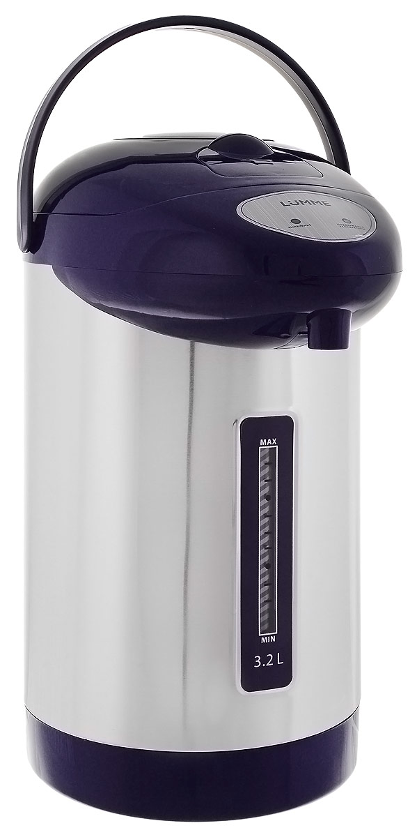 Lumme LU-298, Dark Blue термопотLU-298 Lumme LU-298, Dark Blue термопотLU-2983,2-литровый термопот Lumme LU-298 с ручным насосом для безопасной подачи кипятка и функцией повторного кипячения.Два режима работы – автокипячение и поддержание температуры позволяют использовать термопот с наименьшими энергозатратами, при этом теплая вода или кипяток остаются всегда под рукой.Благодаря корпусу из высококачественной пищевой нержавеющей стали и закрытому нагревательному элементу термопот обладает значительной прочностью и экологически чист - нержавеющая сталь не имеет запаха и сохраняет природные натуральные свойства воды. Шкала уровня воды на корпусе позволяет легко определить необходимость наполнения термопота водой, а LED-индикаторы режимов работы – проконтролировать его состояние.Термопот оснащен такими функциями безопасности как автоматическое отключение при закипании и отключение при недостаточном количестве воды.Плоское дно термопота с закрытым нагревательным элементом очень функционально – легко моется, противостоит накипи, не ржавеет, не подвержено коррозии, а значит, обеспечивает термопоту максимально долгий срок службы.