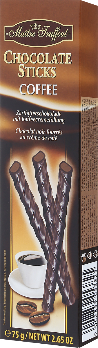 Maitre Truffout Палочки из горького и молочного шоколада с кофейной начинкой, 75 г7.68.01 Maitre Truffout Палочки из горького и молочного шоколада с кофейной начинкой, 75 г7.68.01Палочки составят замечательную пару с кофе, чаем, капучино или молоком. Их также можно предложить к мороженому. Сдержанный аромат шоколада дополняют аппетитные нотки ванили и кофе. Вкус медленно тающего и приятно обволакивающего шоколада гармонично переплетается с хорошо выраженными оттенками кофе.Уважаемые клиенты! Обращаем ваше внимание, что полный перечень состава продукта представлен на дополнительном изображении.
