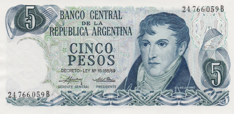 Банкнота номиналом 5 песо. Аргентина, 1974 год