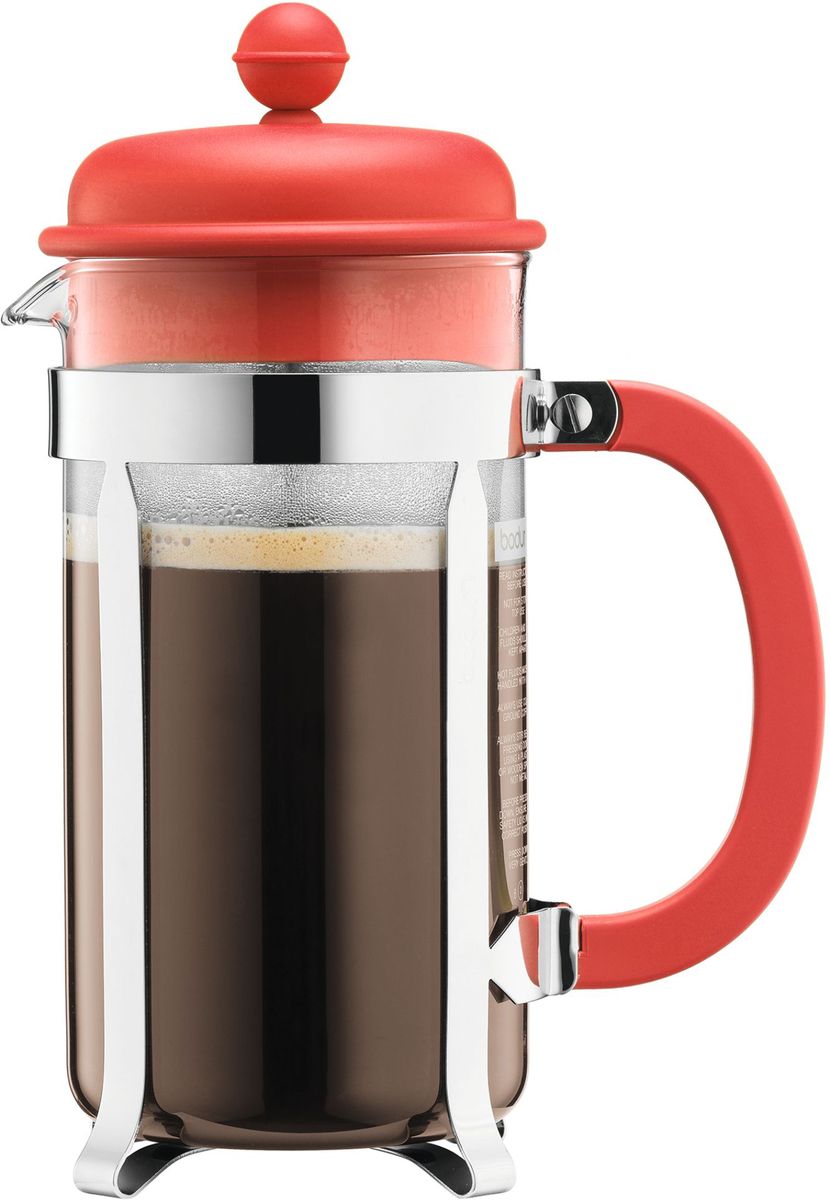 Кофейник с прессом Bodum Caffettiera, цвет: красный, 1 л. A1918-137-Y16A1918-137-Y16 Кофейник с прессом Bodum Caffettiera, цвет: красный, 1 л. A1918-137-Y16A1918-137-Y16Кофейник Bodum Caffettiera изготовлен из высококачественного стекла и оснащен фильтром french press из нержавеющей стали, который позволяет легко и просто приготовить отличный напиток. Кофейник оснащен удобной пластиковой ручкой, что исключает его выскальзывание из руки и помещен в оправу из пластика, которая эффективно защищает стекло. Настоящим ценителям натурального кофе широко известны основные и наиболее часто применяемые способы его приготовления: эспрессо, по-турецки, гейзерный. Однако существует принципиально иной способ, известный как french press, благодаря которому приготовление ароматного напитка стало гораздо проще.