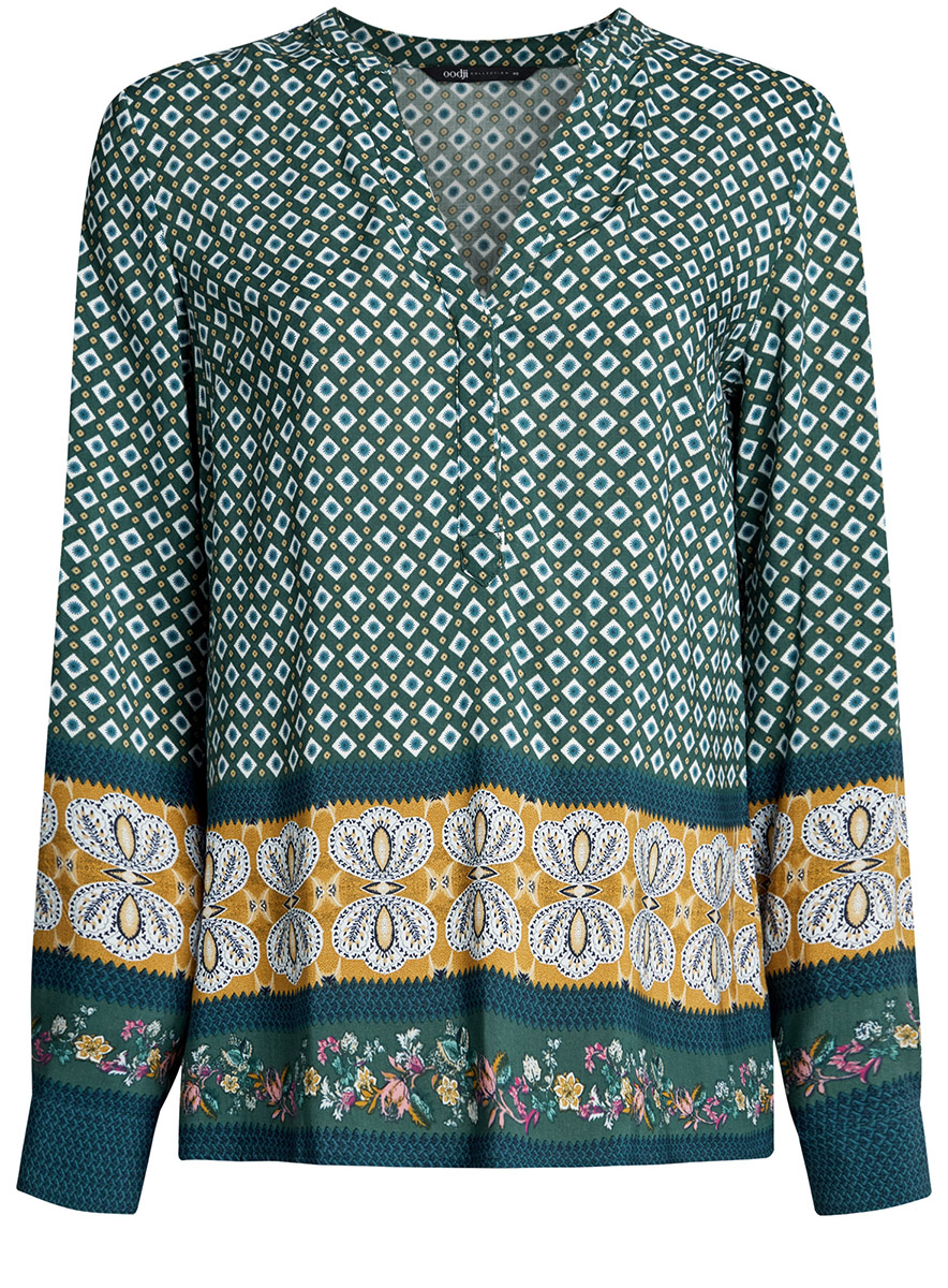 Блузка женская oodji Collection, цвет: темно-зеленый, горчичный. 21400394-3/24681/6957E. Размер 36-170 (42-170)
