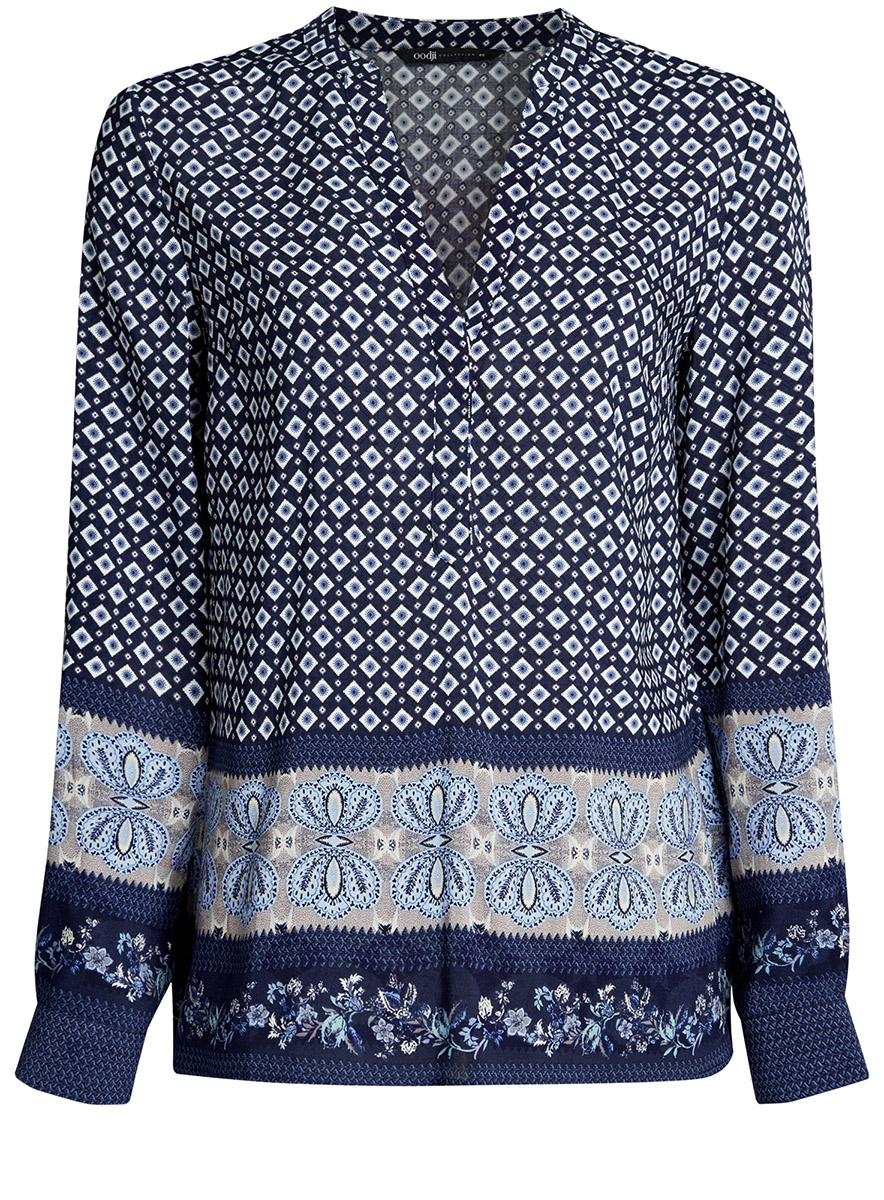 Блузка женская oodji Collection, цвет: темно-синий, серый. 21400394-3/24681/7923E. Размер 36-170 (42-170)