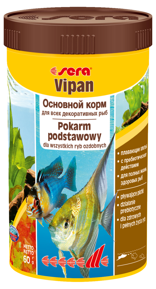 Корм для рыб Sera Vipan, 250 мл (60 г)0150 Корм для рыб Sera Vipan, 250 мл (60 г)0150Корм для рыб Sera Vipan - хорошо сбалансированный основной корм в виде хлопьев, содержащий более 40 ингредиентов. Идеально подходит для ежедневного кормления всех декоративных рыб в общих аквариумах. Сбалансированный состав удовлетворяет потребности множества видов. Бережная обработка гарантирует сохранение ценных ингредиентов (например, жирных кислот Омега, витаминов и минералов). Белки и другие питательные вещества делают этот корм высокопитательным и легко перевариваемым рыбами. Формула Vital-Immun-Protect гарантирует вашим рыбам прекрасное здоровье, укрепление иммунитета и обилие жизненных сил. Специальный метод приготовления позволяет хлопьям сохранять свою форму в течение длительного времени, не загрязняя воду. Хлопья в то же время очень нежны и поэтому охотно поедаются рыбой. Ингредиенты: рыбная мука, пшеничная мука, пивные дрожжи, казеинат кальция, гаммарус, яичный порошок, рыбий жир, маннанолигосахарид (MOS 0,4%), спирулина, травы, люцерна, крапива, мука из зеленых губчатых моллюсков, водоросли, зелень петрушки, перец, шпинат, чеснок, морковь, красители, разрешенные в ЕС. Аналитический состав: протеины 46,2%, жиры 8,9%, клетчатка 2,3%, зола 11,9%, влажность 6,7%. Витамины и провитамины на кг: витамин А 37000МЕ, витамин В1 35 мг, витамин В2 90 мг, витамин С 550 мг, витамин D3 1800МЕ, витамин Е 120 мг. Товар сертифицирован.