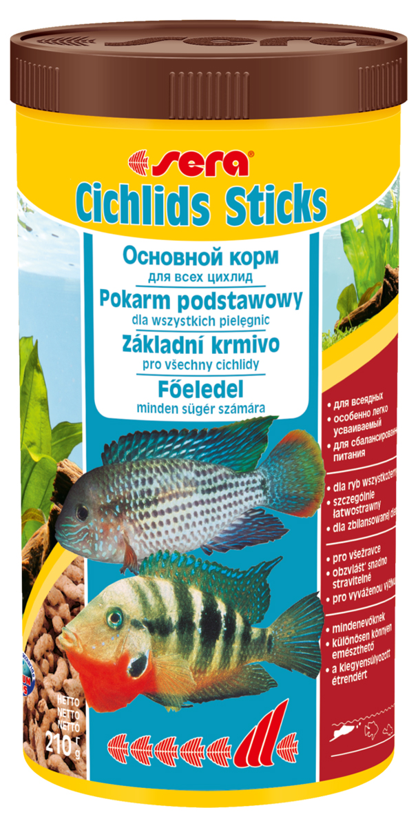 Корм для рыб Sera Cichlids Sticks, 1 л (210 г)0210 Корм для рыб Sera Cichlids Sticks, 1 л (210 г)0210Корм для рыб Sera Cichlids Sticks предназначен для всех видов цихлид. Корм изготовлен в виде палочек, произведенных путем бережной обработки сырья. Благодаря высокому содержанию ценных белков и входящим в состав зародышам пшеницы, этот сбалансированный корм легко усваивается и особенно привлекателен для рыб. Формула Vital-Immun-Protect гарантирует рыбам прекрасное здоровье, укрепление иммунитета и обилие жизненных сил. Плавающие палочки сохраняют свою форму в воде, не загрязняя ее. Корм не содержит красителей, благодаря чему ни при каких условиях не подкрашивает воду в аквариуме. Инструкция по применению: Кормить один-два раза в день, но только в том количестве, которое рыбы могут съесть в течение короткого периода времени. Ингредиенты: рыбная мука, кукурузный крахмал, пшеничная мука, пшеничная клейковина, пшеничные зародыши (5%), пивные дрожжи, рыбий жир (49% Омега жирных кислот), гаммарус, маннанолиго-сахариды (0,4%), зеленые мидии, водоросль гематококкус, чеснок. Аналитический состав: протеин 41,9%, жиры 6,4%, клетчатка 2,9%, влажность 4,5%, зольные вещества 4,8%.Витамины и провитамины: витамин А 30.000 ME/ кг, витамин D3 1.500 МЕ/кг, витамин Е (D, L-a-tocopheryl acetate) 60 мг/кг, витамин В1 30 мг/кг, витамин В2 90 мг/кг, витамин С (L-ascorbyl monophosphate) 550 мг/кг. Товар сертифицирован.