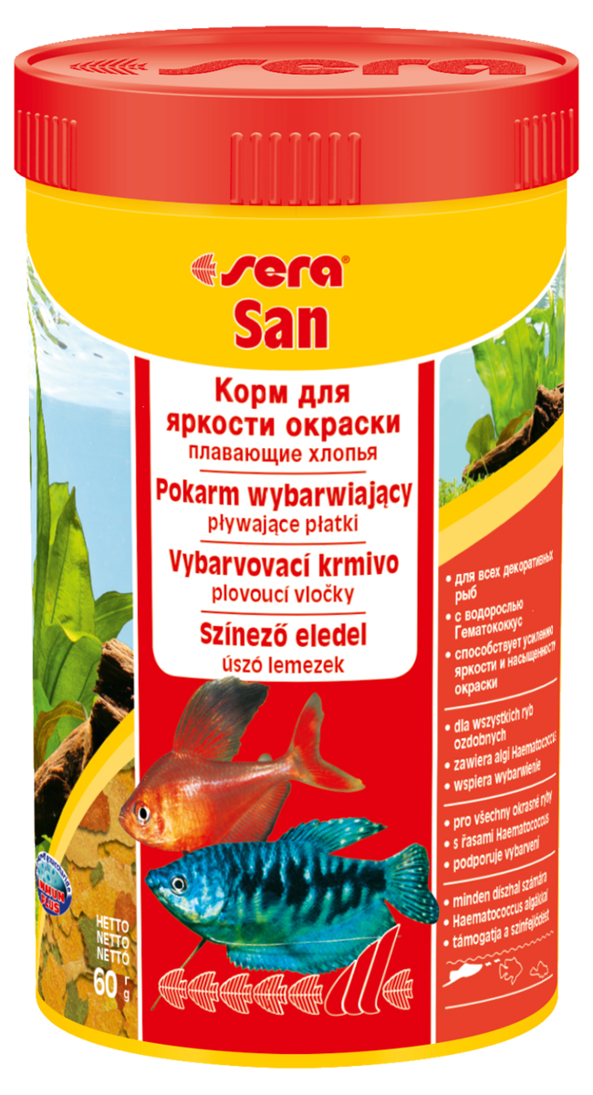 Корм для рыб Sera San, 250 мл (60 г)0250 Корм для рыб Sera San, 250 мл (60 г)0250Корм для рыб Sera San - основной корм для всех видов рыб, произведенный в виде хлопьев. Хлопья имеют очень тонкую и пластичную структуру, благодаря чему охотно поедаются даже самыми привередливыми рыбами. Благодаря высокому содержанию каротина и спирулины корм способствует улучшению окраски декоративных рыб. Сбалансированный состав и высокое содержание белков и витаминов позволяет добиться отличного роста у молодых рыб. Полноценный состав из более, чем 40 ингредиентов обеспечивает ежедневные потребности в питательных веществах типичного сообщества рыб. Формула Vital-Immun-Protect гарантирует вашим рыбам прекрасное здоровье, укрепление иммунитета и обилие жизненных сил. Кормить умеренно несколько раз в день в количестве, которое рыбы могут съесть в течение короткого промежутка времени. Ингредиенты: рыбная мука, пшеничная мука, пивные дрожжи, казеинат кальция, гаммарус, яичный порошок, спирулина, масло печени трески, маннанолигосахарид (MOS 0,4%), мука из зеленых губчатых моллюсков, чеснок, зелень, люцерна, крапива, водоросли, зелень петрушки, перец, шпинат, морковь, красители, разрешенные в ЕС. Качественный состав на кг: протеин 48,6%, жир 8,3%, клетчатка 2,9%, зола 11,5%, влажность 5,2%; витамины: А 37000МЕ, В1 35мг, В2 90 мг, С 550 мг, D3 1800МЕ, Е 120 мг. Товар сертифицирован.