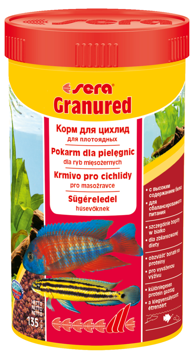 Корм для рыб Sera Granured, 250 мл (135 г)0402 Корм для рыб Sera Granured, 250 мл (135 г)0402Корм для рыб Sera Granured - это основной комплексный корм в виде гранул, произведенных путем бережной обработки сырья. Состоит в основном из продуктов животного происхождения (рыбные продукты, мука из ракообразных), содержит богатую каротином водоросль спирулину, благодаря чему улучшает окраску рыб. Оптимально подобранный состав гарантирует отличное пищеварение и обилие сил у рыб. Корм предназначен преимущественно для плотоядных цихлид. Высокое содержание белка, ценных жиров и криля способствует здоровому развитию и оптимальному формированию яркости и насыщенности окраски цихлид. Медленно тонущие гранулы надолго сохраняют свою форму в воде, не загрязняя ее. Этот корм изготовлен в соответствии c формулой Vital-Immun-Protect, что гарантирует рыбам прекрасное здоровье, укрепление иммунитета и обилие жизненных сил. Инструкция по применению: Кормить один-два раза в день, но только в том количестве, которое рыбы могут съесть в течение короткого периода времени. Ингредиенты: рыбная мука (26%), кукурузный крахмал, пшеничная клейковина, пшеничная мука, пшеничные зародыши, криль (2%), рыбий жир (49% Омега жирных кислот), гаммарус, маннанолигосахариды (0,4%), пивные дрожжи, спирулина, зеленые мидии, водоросль гематококкус, чеснок. Аналитический состав: протеин 46,5%, жиры 8,2%, клетчатка 3,3%, влажность 5,0%, зольные вещества 5,3%.Витамины и провитамины: витамин A 30.000 МЕ/кг, витамин D3 1.500 МЕ/кг, витамин E (D, L-а-tocopheryl acetate) 60 мг/кг, витамин B1 30 мг/кг, витамин B2 90 мг/кг, витамин C (L-ascorbyl monophosphate) 550 мг/кг. Содержит пищевые красители, допустимые в ЕС. Товар сертифицирован.