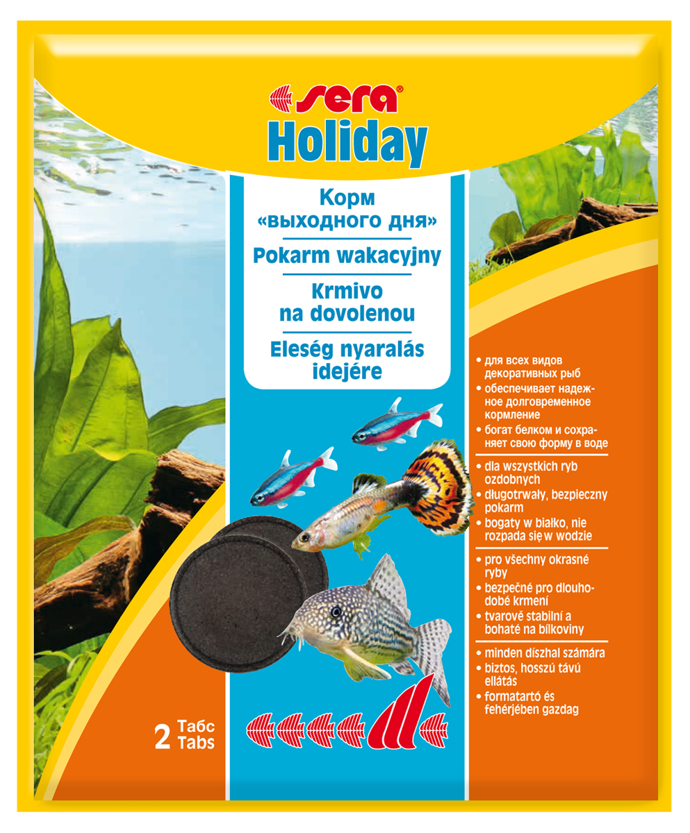 Корм для рыб Sera Holiday, 2 таблетки0993 Корм для рыб Sera Holiday, 2 таблетки0993Корм для рыб Sera Holiday, богатый белком, предназначен для кормления аквариумных рыб в ваше отсутствие. Корм выполнен в виде таблеток. Благодаря инновационному методу производства эти высококачественные питательные кормовые таблетки не разлагаются в воде на протяжении периода до 7 дней. Ценные ингредиенты высвобождаются постепенно, слой за слоем. Отборные составляющие, включающие в себя высококачественный протеин и необходимые минералы, гарантируют хорошую поедаемость корма всеми декоративными рыбами в общих аквариумах. Инструкция по применению: Разместить на открытом участке грунта в аквариуме соответствующее количество таблеток (см. таблицу). Таблетки размокают постепенно. Таким образом, свежий корм находится в распоряжении рыб, не загрязняя воду, в течение нескольких дней. Перед долгим отсутствием обязательно убедитесь в высоком качестве воды в аквариуме. Ингредиенты: казеинат кальция, рыбная мука, зеленые мидии, кора ивы. Содержит пищевые красители, допустимые в ЕС. Аналитический состав: протеин 54,3%, жиры 7,8%, клетчатка 26,9%, влажность 10,5%, зольные вещества 4,7%.Товар сертифицирован.
