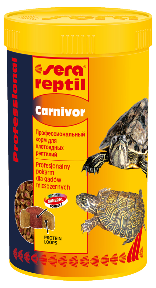 Корм для рептилий Sera Reptil Professional Carnivor, 100 мл (30 г)1821 Корм для рептилий Sera Reptil Professional Carnivor, 100 мл (30 г)1821Корм для рептилий Sera Reptil Professional Carnivor - комплексный корм для водных черепах и других плотоядных рептилий, произведенный методом коэкструзии. Инновационный коэкструдат объединяет в себе вкусную оболочку - кольцо, в котором содержатся высококачественные белки и жиры, и сердцевину, произведенную с помощью щадящего низкотемпературного процесса, сохраняющего ценные питательные вещества, с высоким содержанием необходимых витаминов, минералов и других жизненно важных веществ. Оптимальное соотношение кальция и фосфора обеспечивает здоровый рост костей и панциря животных. Инструкция по применению: Кормить экономно. Смешать со свежим кормом в соответствии с потребностями животных. Ингредиенты: рыбная мука, кукурузный крахмал, пшеничная клейковина, пшеничная мука, пивные дрожжи, цельный яичный порошок, рыбий жир, гаммарус, морские водоросли, зеленые мидии, криль, чеснок. Аналитический состав: протеин 37,4%, жиры 6,2%, клетчатка 5,6%, влажность 5,2%, зольные вещества 7,5%, кальций 2,0%, фосфор 1,0%.Витамины и провитамины: витамин A 37.000 МЕ/кг, витамин D3 1.800 МЕ/кг, витамин E (D, L-а-tocopheryl acetate) 120 мг/кг, витамин B1 35 мг/кг, витамин B2 90 мг/кг, витамин C (L-ascorbyl monophosphate) 550 мг/кг. Микроэлементы: Fe (E1) 10,9 мг/кг, Cu (E4) 0,5 мг/кг, Mn (E5) 0,3 мг/кг, Zn (E6) 10,4 мг/кг. Содержит пищевые красители, допустимые в ЕС. Товар сертифицирован.
