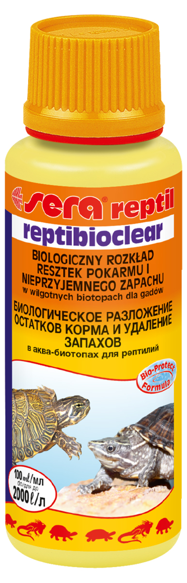 Средство для акватеррариумов Sera Reptibioclear, 100 мл2845 Средство для акватеррариумов Sera Reptibioclear, 100 мл2845Водные черепахи и другие рептилии, живущие главным образом в воде, сильно загрязняют воду продуктами пищеварения, что часто приводит к образованию плохих запахов, особенно в теплых условиях акватеррариума. Специальное средство Sera Reptibioclear помогает быстро и эффективно в таких случаях. Специальные микроорганизмы разлагают отходы животных, остатки пищи и другие органические загрязнители за короткое время и благодаря этому предотвращают образование неприятных запахов естественным путем.Средство выпускается в виде жидкости - этот биологически активный продукт добавляется в фильтр или непосредственно в воду.