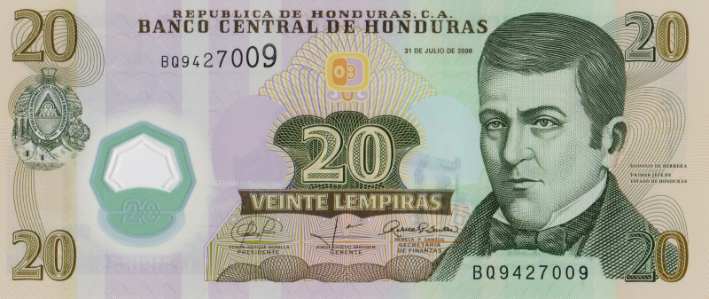 Банкнота номиналом 20 лемпир. Полимер. Гондурас, 2008 год