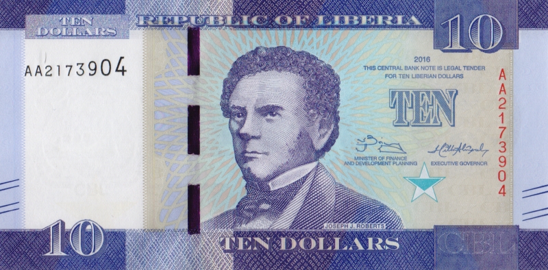 Банкнота номиналом 10 долларов. Либерия, 2016 год