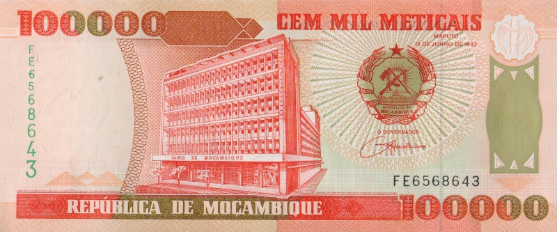 Банкнота номиналом 100000 метикалов. Мозамбик, 1993 год