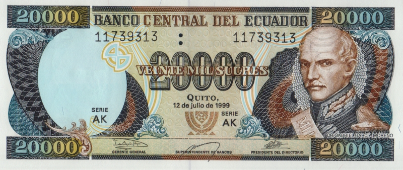 Банкнота номиналом 20000 сукре. Эквадор, 1999 год