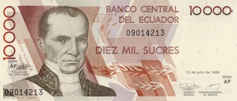 Банкнота номиналом 10000 сукре. Эквадор, 1999 год