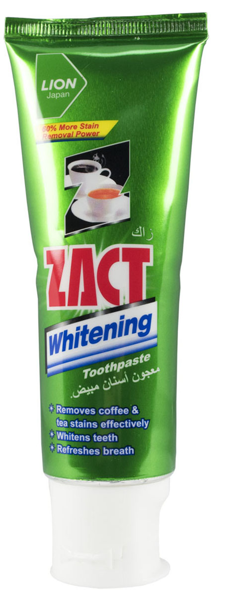 LionThailand Zact Паста зубная отбеливающая, 100 гр805064 LionThailand Zact Паста зубная отбеливающая, 100 гр805064Страдаете от табачного и кофейного налета на зубах? Зубная паста Zact способна решить эту проблему., Паста с инновационной формулой NZS с ионами флюорита эффективно очищает зубы от кофейного и табачного налета., В пасте Zact на 60% больше очищающих компонентов, чем в других зубных пастах., За счет этого паста с каждой чисткой зубов преображает Вашу улыбку, делая зубы белее, а дыхание более свежим., Паста Zact предотвращает появление кариеса и дальнейшее потемнение зубной эмали., Рекомендуется для ежедневного ухода за полостью рта., Способ применения: чистить зубы не менее 3х минут, последовательно обрабатывая наружные, жевательные и внутренние поверхности всех зубов.,Меры предосторожности: при возникновении аллергической реакции прекратите использование средства и проконсультируйтесь со специалистом.,Способ хранения: хранить в прохладном сухом месте.,Состав: вторичнокислый фосфат кальция, оксид алюминия (чистящий/полирующий компонент), сорбитол, пропиленгликоль, натрий карбоксиметилцеллюлоза, лаурилсульфат натрия (пенообразующий компонент), полиэтиленгликоль (активный компонент), отдушка мяты перечной, сахарин натрия, бензонат натрия, парабен.,