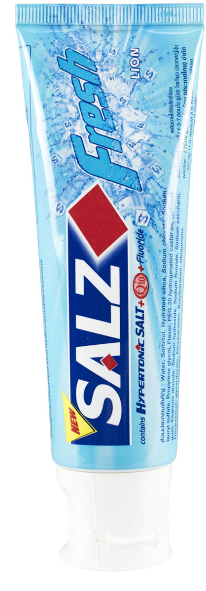 LionThailand Salz Fresh Паста зубная, 90 гр008953 LionThailand Salz Fresh Паста зубная, 90 гр008953Инновационная формула зубной пасты «All Protection» обеспечивает комплексную защиту и уход за полостью рта. Зубная паста Salz содержит несколько активных компонентов: гипертоническую соль, коэнзим Q10 и фтор для защиты полости рта и устранения неприятного запаха. Прекрасно освежает дыхание. Обладает свежим ароматом зеленой мяты. -Концентрированное содержание гипертонической соли укрепляет десна и уменьшает количество бактерий, которые являются причиной появления неприятного запаха изо рта.-Коэнзим Q10, являясь антиоксидантом, надежно защищает полость рта и десна. -Фтор предупреждает развитие кариеса и улучшает состояние зубной эмали. Способ применения: чистить зубы не менее 3х минут, последовательно обрабатывая наружные, жевательные и внутренние поверхности всех зубов.Меры предосторожности: хранить в недоступном для детей месте. Способ хранения: хранить в прохладном сухом месте.Состав: вода, сорбитол, гидратированный диоксид кремния, лаурилсульфат натрия, пропилен гликоль, целлюлозная камедь, диоксид титана, фторид натрия (менее 0,15%), убихинон (Q10), сахарин натрия, гидроксид натрия, дикалия глицирризат.