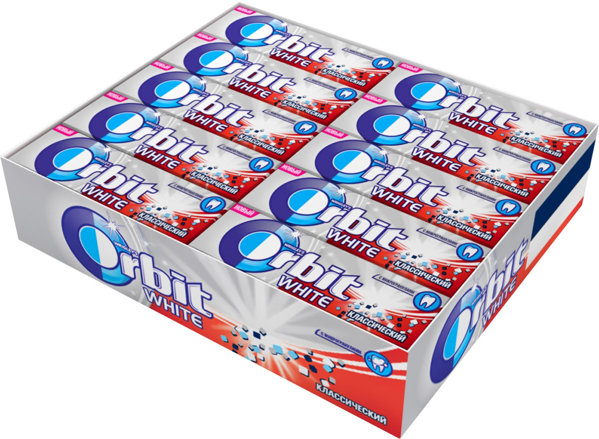 Orbit White Классический жевательная резинка без сахара, 30 пачек по 13,6 г4009900363488 Orbit White Классический жевательная резинка без сахара, 30 пачек по 13,6 г4009900363488Жевательная резинка Orbit White Классический без сахара способствует поддержанию здоровья зубов: удаляет остатки пищи, способствует уменьшению зубного налета, нейтрализует вредные кислоты, усиливает процесс реминерализации эмали.Употребление жевательной резинки каждый раз после еды способствует поддержанию чистоты и здоровья зубов в дополнение к уходу за ротовой полостью с помощью зубной щетки.Уважаемые клиенты! Обращаем ваше внимание, что полный перечень состава продукта представлен на дополнительном изображении.