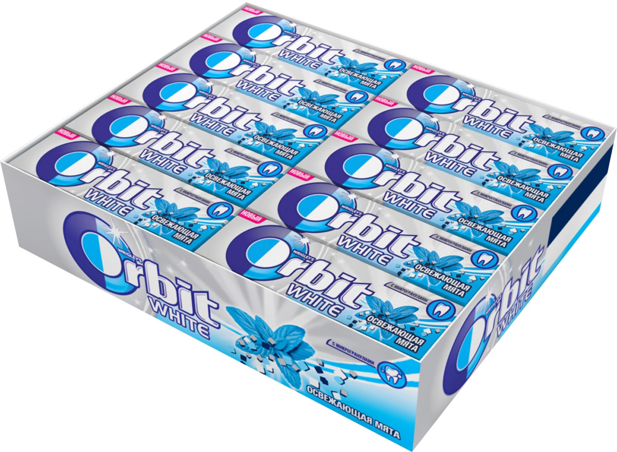 Orbit White Освежающая мята жевательная резинка без сахара, 30 пачек по 13,6 г4009900367356 Orbit White Освежающая мята жевательная резинка без сахара, 30 пачек по 13,6 г4009900367356Жевательная резинка Orbit Белоснежный Освежающая мята без сахара способствует поддержанию здоровья зубов: удаляет остатки пищи, способствует уменьшению зубного налета, нейтрализует вредные кислоты, усиливает процесс реминерализации эмали.Употребление жевательной резинки каждый раз после еды способствует поддержанию чистоты и здоровья зубов в дополнение к уходу за ротовой полостью с помощью зубной щетки.