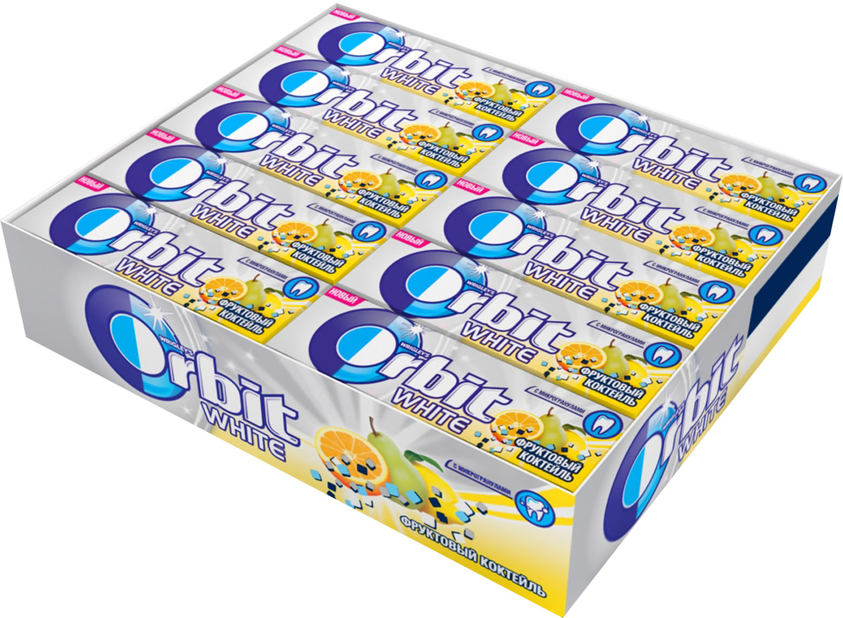 Orbit White Фруктовый коктейль жевательная резинка без сахара, 30 пачек по 13,6 г4009900380447 Orbit White Фруктовый коктейль жевательная резинка без сахара, 30 пачек по 13,6 г4009900380447Жевательная резинка Orbit White. Фруктовый коктейль с микрогранулами способствует поддержанию здоровья зубов: удаляет остатки пищи, способствует уменьшению зубного налета, нейтрализует вредные кислоты, усиливает процесс реминерализации эмали. Употребление жевательной резинки каждый раз после еды способствует поддержанию чистоты и здоровья зубов в дополнение к уходу за ротовой полостью с помощью зубной щетки.Уважаемые клиенты! Обращаем ваше внимание, что полный перечень состава продукта представлен на дополнительном изображении.