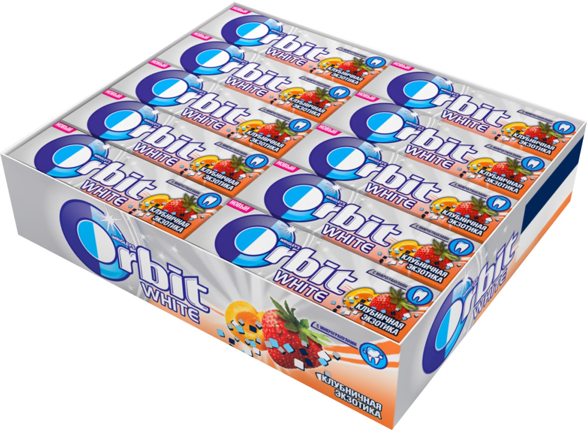 Orbit White Клубничная экзотика жевательная резинка без сахара, 30 пачек по 13,6 г4009900456852 Orbit White Клубничная экзотика жевательная резинка без сахара, 30 пачек по 13,6 г4009900456852Жевательная резинка Orbit White Клубничная экзотика без сахара способствует поддержанию здоровья зубов: удаляет остатки пищи, способствует уменьшению зубного налета, нейтрализует вредные кислоты, усиливает процесс реминерализации эмали.Употребление жевательной резинки каждый раз после еды способствует поддержанию чистоты и здоровья зубов в дополнение к уходу за ротовой полостью с помощью зубной щетки.Уважаемые клиенты! Обращаем ваше внимание, что полный перечень состава продукта представлен на дополнительном изображении.