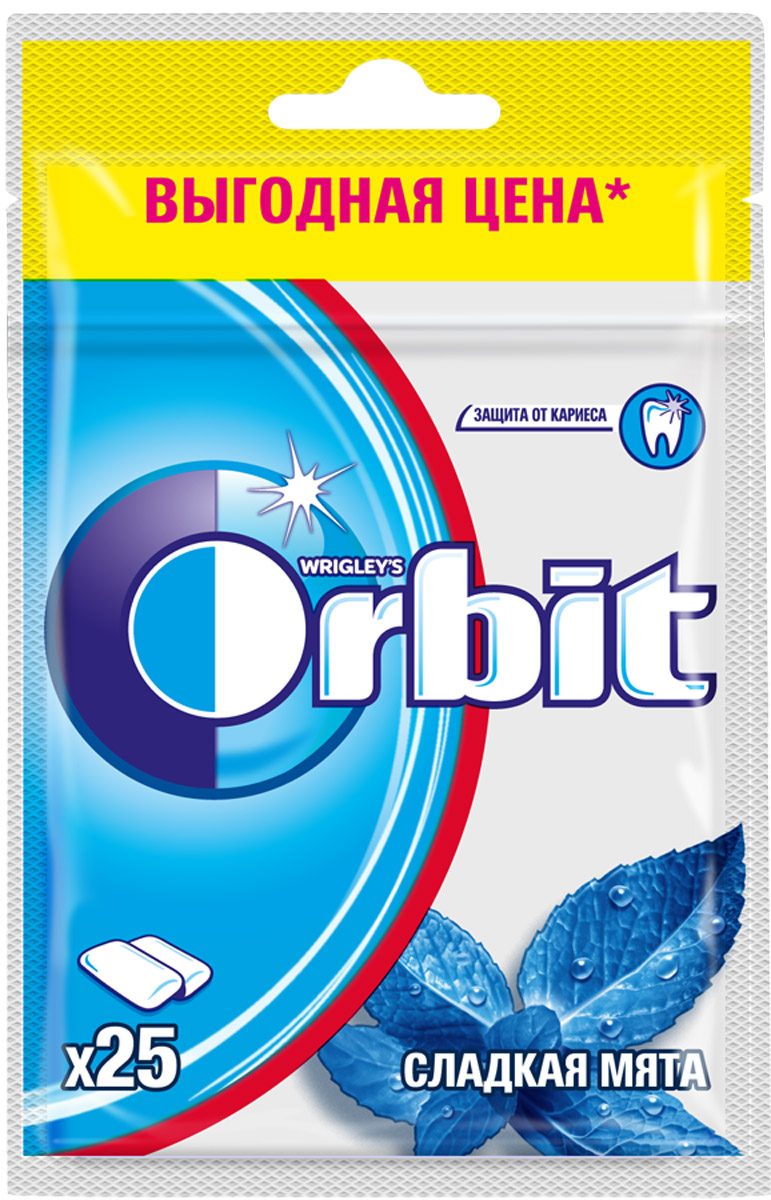 Orbit Сладкая мята жевательная резинка без сахара, 25 драже4009900466431 Orbit Сладкая мята жевательная резинка без сахара, 25 драже4009900466431Жевательная резинка Orbit Сладкая мята без сахара способствует поддержанию здоровья зубов: удаляет остатки пищи, способствует уменьшению зубного налета, нейтрализует вредные кислоты, усиливает процесс реминерализации эмали. Употребление жевательной резинки каждый раз после еды способствует поддержанию чистоты и здоровья зубов в дополнение к уходу за ротовой полостью с помощью зубной щетки.Уважаемые клиенты! Обращаем ваше внимание, что полный перечень состава продукта представлен на дополнительном изображении.