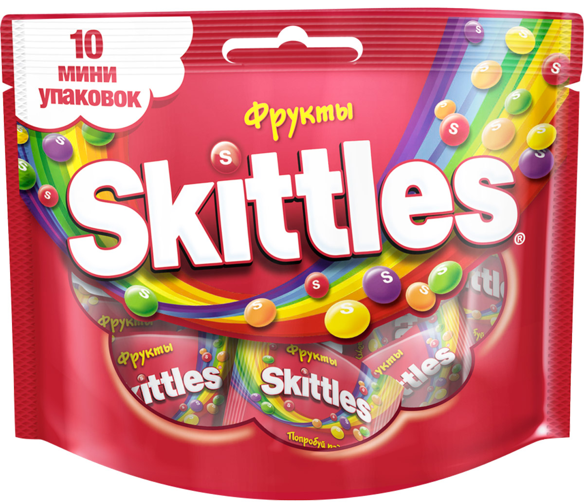 Skittles Фрукты драже в сахарной глазури, 10 пачек по 12 г4009900498135 Skittles Фрукты драже в сахарной глазури, 10 пачек по 12 г4009900498135Жевательные конфеты Skittles c разноцветной глазурью предлагают радугу фруктовых вкусов в каждой упаковке!Конфеты с ароматами лимона, лайма, апельсина, клубники и черной смородины: заразитесь радугой, попробуйте радугу!