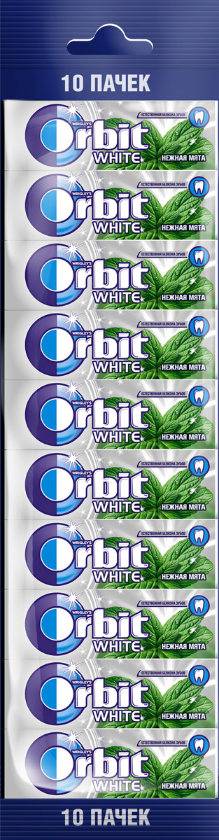Orbit White Нежная мята жевательная резинка без сахара, 10 пачек по 13,6 г4009900503372 Orbit White Нежная мята жевательная резинка без сахара, 10 пачек по 13,6 г4009900503372Жевательная резинка Orbit White Нежная мята без сахара способствует поддержанию здоровья зубов: удаляет остатки пищи, способствует уменьшению зубного налета, нейтрализует вредныекислоты, усиливает процесс реминерализации эмали. Употребление жевательной резинки каждый раз после еды способствует поддержанию чистоты и здоровья зубов в дополнение к уходу за ротовой полостью с помощью зубной щетки.Содержит источник фенилаланина.
