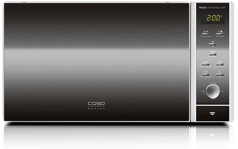 CASO MCG 25 Ceramic Chef СВЧ-печьMCG 25 Ceramic Chef CASO MCG 25 Ceramic Chef СВЧ-печьMCG 25 Ceramic ChefCASO MCG 25 Ceramic Chef - стильная СВЧ-печь в оригинальном черно-серебристом корпусе. Зеркальная передняя панель подчеркивает изящество дизайна. Данная модель имеет внутреннее освещение и удобное электронное управление для максимально комфортной эксплуатации. Множество автоматических программ, а также таймер со звуковым сигналом также поможет быстро и просто приготовить то или иное блюдо.Автоматических программ: 9Возможность отключения звукового сигналаТаймер: 95 мин