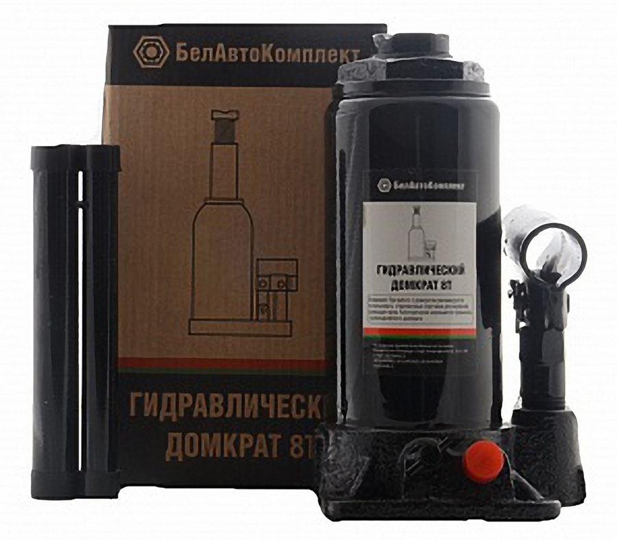 Домкрат бутылочный БелАвтоКомплект, с двумя клапанами, 8 тБАК.00031 Домкрат бутылочный БелАвтоКомплект, с двумя клапанами, 8 тБАК.00031Гидравлический домкрат 8 тонн (TUV, 2 клапана) производства компании БелАвтоКомплект предназначен для безопасного и удобного подъема транспортных средств и других грузов.Технические характеристики:Высота подхвата: 200 ммХод винта: 60 ммМаксимальная высота подъема: 380 ммШирина опорной площадки: 90 ммДлина опорной площадки: 100 ммДиаметр подхватного пятачка: 35 ммМасса: 4,9 кгДвухклапанный домкрат (TUV) грузоподъемностью 8 тонн изготовлен на современном высокотехнологичном оборудовании японского и германского производства, обеспечивающем гарантированное качество компонентов. Корпус домкрата изготовлен из легированной стали с износостойким антикоррозионным покрытием. Шток произведен из легированной стали.Качественные резиновые уплотнители обеспечивают гарантированную герметичность гидравлического инструмента для плавного перемещения груза в обоих направлениях. Дополнительный клапан предотвращает выход грузоподъемного оборудования из строя при высокой нагрузке в процессе эксплуатации.