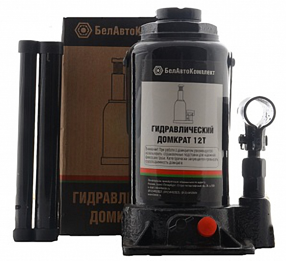 Домкрат бутылочный БелАвтоКомплект, с двумя клапанами, 12 тБАК.00033 Домкрат бутылочный БелАвтоКомплект, с двумя клапанами, 12 тБАК.00033Бутылочный гидравлический домкрат с грузоподъёмностью 12 тонн – это достаточно миниатюрное, компактное и лёгкое (всего 5.2 кг) устройство, предназначенное для ручного подъёма автомобилей при ремонтных работах, а также любых погрузочно-разгрузочных операций, в которых требуется фиксация груза до 12 тонн на заданной высоте. Не стоить экономить на цене гидравлического домкрата, ведь от его надёжного функционирования в форс-мажорных обстоятельствах может зависеть многое, даже сама возможность поднятия груза.Технические характеристики:Грузоподъемность - 12 тоннmax. высота подъема - 385 ммmin. высота подъема - 200 ммвес домкрата - 5,2 кг