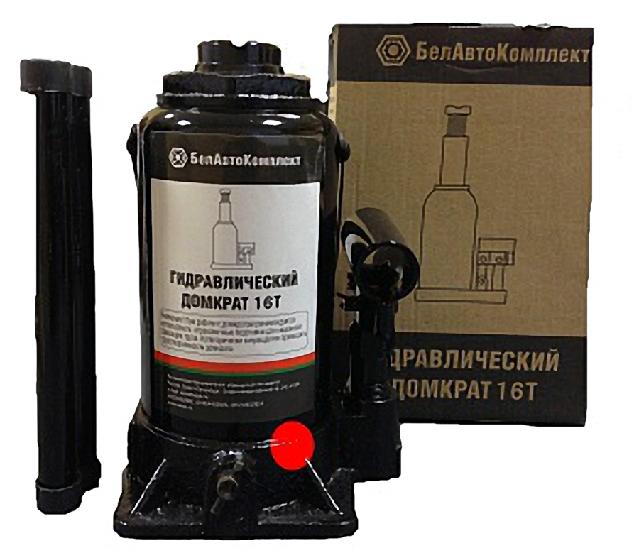Домкрат бутылочный БелАвтоКомплект, с двумя клапанами, 16 тБАК.00035 Домкрат бутылочный БелАвтоКомплект, с двумя клапанами, 16 тБАК.00035Домкрат гидравлический бутылочный грузоподъёмностью 16 тонн БелАвтоКомплект – это простое и неприхотливое в эксплуатации устройство, которое можно использовать в широком диапазоне температур от –50 °C до +50 °C. Купить домкрат 16 тонн можно в специализированном магазине или на сайте компании-производителя «БелАвтоКомплект». Его цена не намного выше стоимости домкрата с грузоподъемностью менее 16 тонн, т.е. вполне доступна и профессионалам, и автолюбителям.Домкрат 16 тонн предназначен для работы на ровной твёрдой поверхности, используется для подъёма грузов, вес которых не превышает 16 т. Устройство применяется с грузовой или другой коммерческой техникой, при проведении строительных, такелажных и прочих работ.Технические характеристики:грузоподъемность - 16 тонныmax. высота подъема - 405 ммmin. высота подъема - 210 ммвес домкрата - 6,2 кгНаличие встроенного второго клапана, который выполняет функции предохранительного, сбрасывая избыточное давление. С таким клапаном подъёмные устройства, по статистике, служат дольше, а эксплуатация более безопасна.
