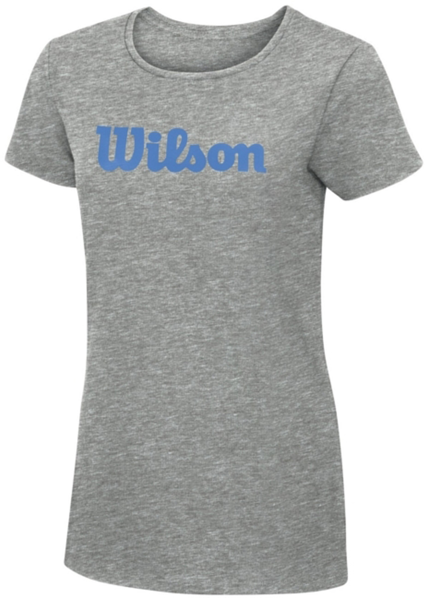 Футболка для тенниса женская Wilson Script Cotton Tee, цвет: серый. WRA758202. Размер XL (50)WRA758202 Футболка для тенниса женская Wilson Script Cotton Tee, цвет: серый. WRA758202. Размер XL (50)WRA758202Тренировочная футболка с логотипом Wilson. Спортивный крой для оптимального комфорта. Модель выполнена с круглой горловиной и короткими рукавами.