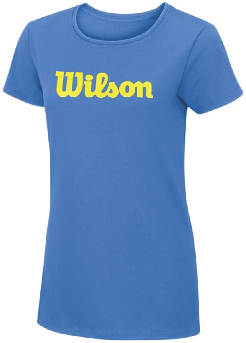 Футболка для тенниса женская Wilson Script Cotton Tee, цвет: голубой. WRA758201. Размер XS (42)WRA758201 Футболка для тенниса женская Wilson Script Cotton Tee, цвет: голубой. WRA758201. Размер XS (42)WRA758201Тренировочная футболка с логотипом Wilson. Спортивный крой для оптимального комфорта. Модель выполнена с круглой горловиной и короткими рукавами.