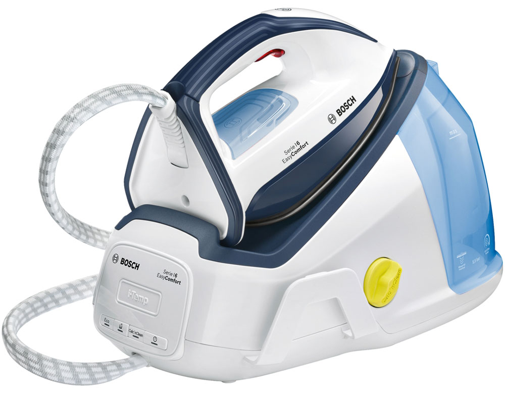 Bosch TDS6010 парогенераторTDS6010 Bosch TDS6010 парогенераторTDS6010С Bosch TDS6010 вы можете гладить нон-стоп. Профессиональный подход к легкому глаженью вашего белья благодаря возможности установки оптимальной температуры для всех видов тканей.Подошва CeraniumGlisseePro: отлично скользящая и устойчивая к царапинам подошва, мгновенно обеспечивающая превосходный результат глаженьяНекоторые ткани требуют более высокой температуры глажения. Некторые - более низкой. Индикатор сообщит вам когда, достигнута нужная температура. Дисплей будет мигать в процессе нагревания или остывания утюга до тех пор, пока не достигнет необходимо температуры.Calc’nClean Perfect: высокоэффективная система очистки от накипи для станции и утюга. Специальная программа очистки удаляет известковый налет и частички грязи из утюга и ополаскивает его. Вся накипь скапливается в резервуаре. Функция calc’n’clean timer подает автоматический сигнал о необходимости очистки.Все, что нужно - одно нажатие для особо сложных складок. Оно активирует три интенсивных паровых удара 350 г/мин, который глубоко проникает в ткань и разглаживает ее быстро и эффективно.Система Auto-shut-off secure автоматически отключает нагревательный элемент утюга, если он находится без движения – в состоянии на боку или на подошве через 30 секунд.