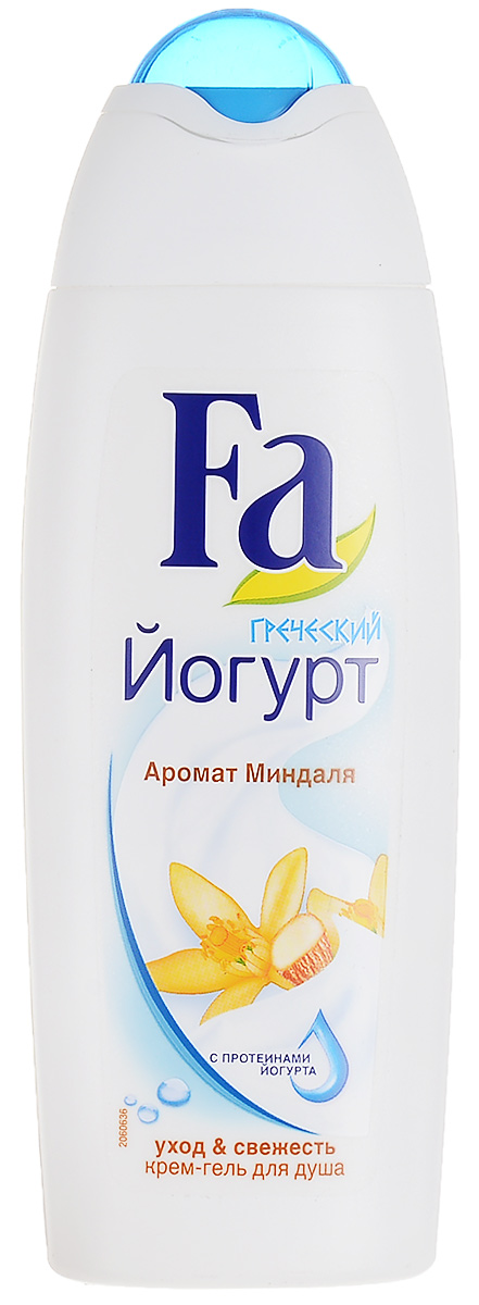 FA Гель для душа женский Греческий Йогурт, 250 мл12052746 FA Гель для душа женский Греческий Йогурт, 250 мл12052746Откройте для себя море свежести и бережное очищение скрем-гелем Fa Греческий Йогурт. Его формула с удвоенными протеинами йогурта поддерживает естественный баланс кожи и защищает ее от сухости каждый раз, когда вы принимаете душ с Fa.Легкая кремовая текстура геля с мягким ароматом миндаля превращается в воздушную пену и балует вашу кожу. - С удвоенными протеинами йогурта для интенсивного ухода - С пребиотик комплексом для защиты кожи - pH нейтральный- Хорошая переносимость кожей - Протестировано дерматологами