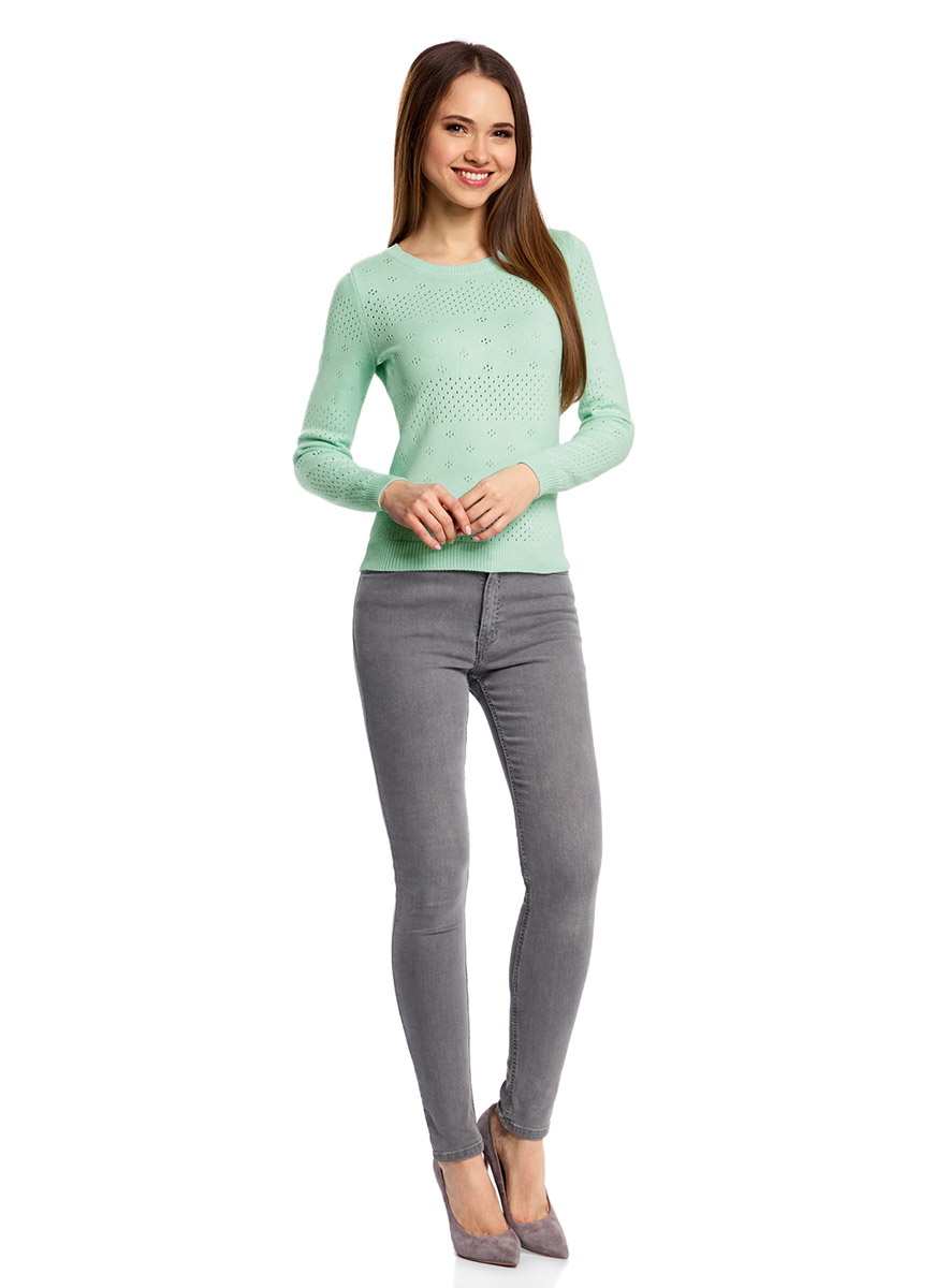 Джемпер женский oodji Ultra, цвет: ментоловый. 63807312/46448/6500N. Размер XL (50)63807312/46448/6500N Джемпер женский oodji Ultra, цвет: ментоловый. 63807312/46448/6500N. Размер XL (50)63807312/46448/6500NУютный женский джемпер ажурной вязки с круглым вырезом горловины и длинными рукавами выполнен из вискозного материала.