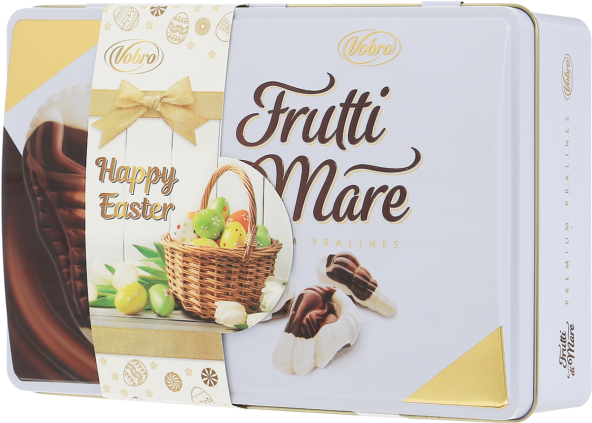 Vobro Frutti di Mare набор шоколадных конфет в виде морских ракушек, 350 г (жестяная коробка)9056_пасхальный дизайн Vobro Frutti di Mare набор шоколадных конфет в виде морских ракушек, 350 г (жестяная коробка)9056_пасхальный дизайнVobro Frutti di Mare - это пралине высокого качества, которые имеют форму даров моря. Каждая форма пралине скрывает иной вкус. Приверженцы Frutti di Mare есть во всем мире. Этот продукт является ведущим продуктом фирмы Vobro.Бонбоньерки Frutti di Mare - это превосходные пралине четырёх вкусов: какаового, орехового, молочного и вкуса тянучки. Вкус пралине на самом деле исключительный и неповторимый, также как и их фантазийная форма.Эти элитные пралине являются прекрасным подарком, преподносимым висключительных случаях. Они могут также помочь выразить благодарность близкому человеку. Оригинальная упаковка несомненно выделяет Frutti di Mare среди прочих доступных на рынке бонбоньерок, но их главным достоинством является, прежде всего, их превосходный вкус. Кто устоит перед расплывающимся во рту шоколадом, который внутри скрывает благородную начинку?