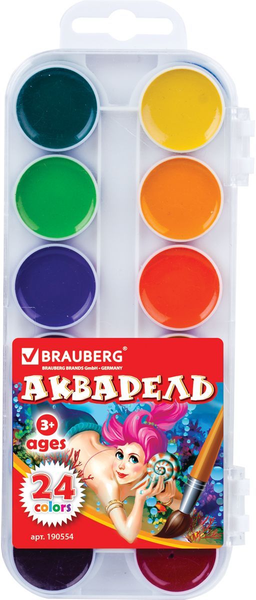 Brauberg Краски акварельные медовые 24 цвета190554 Brauberg Краски акварельные медовые 24 цвета190554Краски акварельные медовые Brauberg имеют яркие насыщенные цвета, дают множество оттенков при смешивании и обеспечивают однородное окрашивание.Удобная упаковка позволит брать краски с собой повсюду. Краски легко смываются водой.В процессе рисования у детей развивается наглядно-образное мышление, воображение, мелкая моторика рук, творческие и художественные способности, вырабатывается усидчивость и аккуратность.Не содержат токсичных веществ, полностью безопасны для детей.