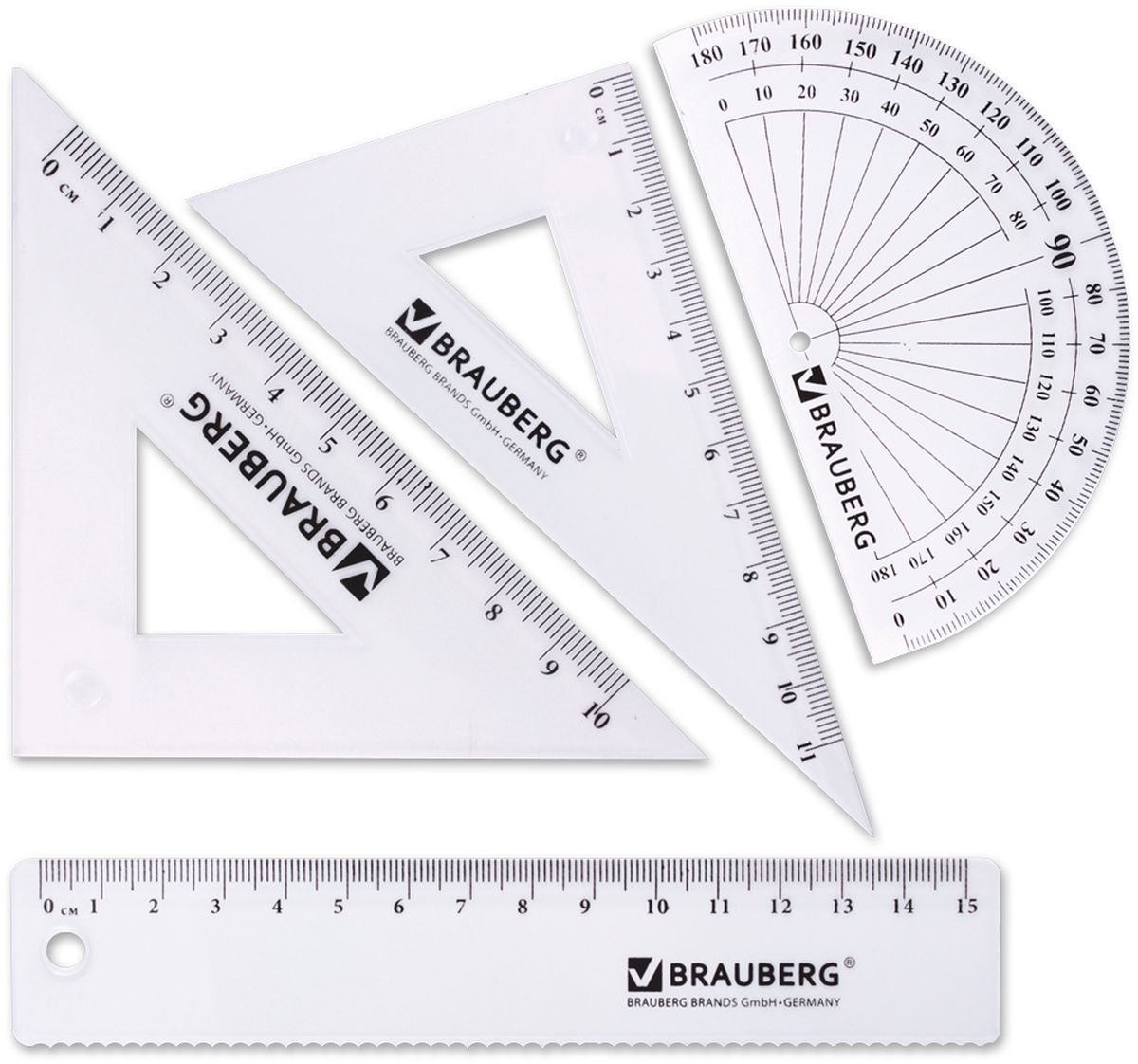 Brauberg Набор чертежный 4 предмета 210306210306 Brauberg Набор чертежный 4 предмета 210306210306Набор геометрический из прозрачного, прочного пластика толщиной 1,4 - 2 мм. Предназначен для чертёжных работ.Набор включает в себя четыре предмета: линейка со шкалой 15 см, треугольник с углами 30°/60° и шкалой 11 см, треугольник с углами 45°/45° и шкалой 10 см, транспортир 180°.