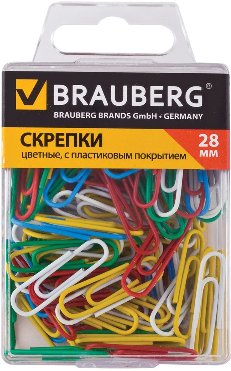 Brauberg Скрепки цветные 28 мм 100 шт221111 Brauberg Скрепки цветные 28 мм 100 шт221111Скрепки Brauberg изготовлены из стали с нанесением пластикового покрытия красного, розового, желтого, зеленого, голубого, синего и белого цвета.