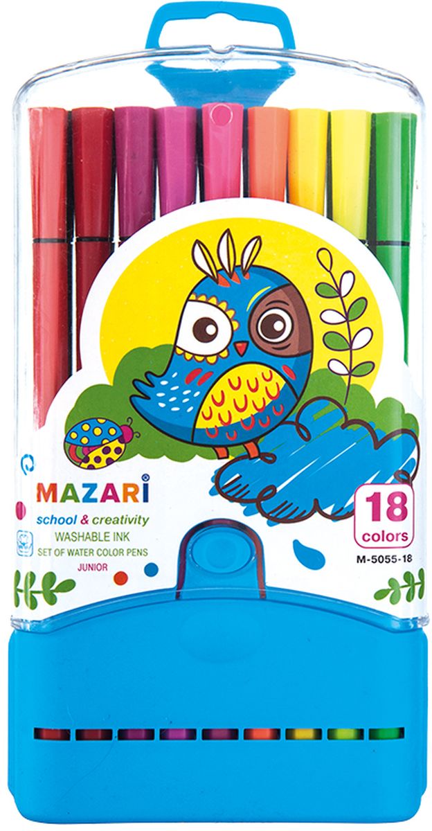 Mazari Набор фломастеров Junior 18 цветов М-5055-18М-5055-18 Mazari Набор фломастеров Junior 18 цветов М-5055-18М-5055-18Яркие фломастеры Mazari Junior помогут маленькому художнику раскрыть свой творческий потенциал, рисовать и раскрашивать яркие картинки, развивая воображение, мелкую моторику и цветовосприятие. В наборе 18 разноцветных фломастеров. Корпусы выполнены из пластика. Чернила на водной основе нетоксичны, благодаря чему полностью безопасны для ребенка и имеют яркие, насыщенные цвета. Если маленький художник запачкался - не беда, ведь фломастеры отстирываются с большинства тканей. Вентилируемый колпачок надолго сохранит яркость цветов.