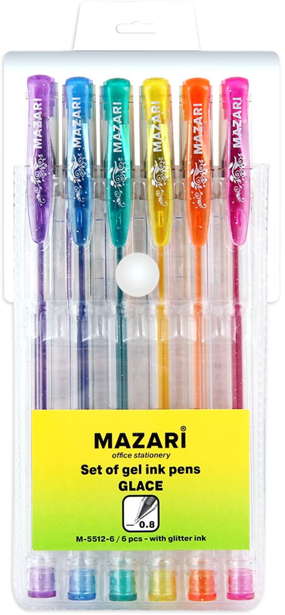 Mazari Набор гелевых ручек с блестками Glace 6 цветовМ-5512-6 Mazari Набор гелевых ручек с блестками Glace 6 цветовМ-5512-6Набор гелевых ручек с блестками Mazari Glace - отличный выбор для любителей мягкого и удобного письма. Гелевая консистенция чернил равномерно распределяется по бумаге и быстро сохнет.Прозрачный корпус позволяет контролировать расход чернил.Пулевидный пишущий узел 0.8 мм.В наборе 6 разноцветных ручек.