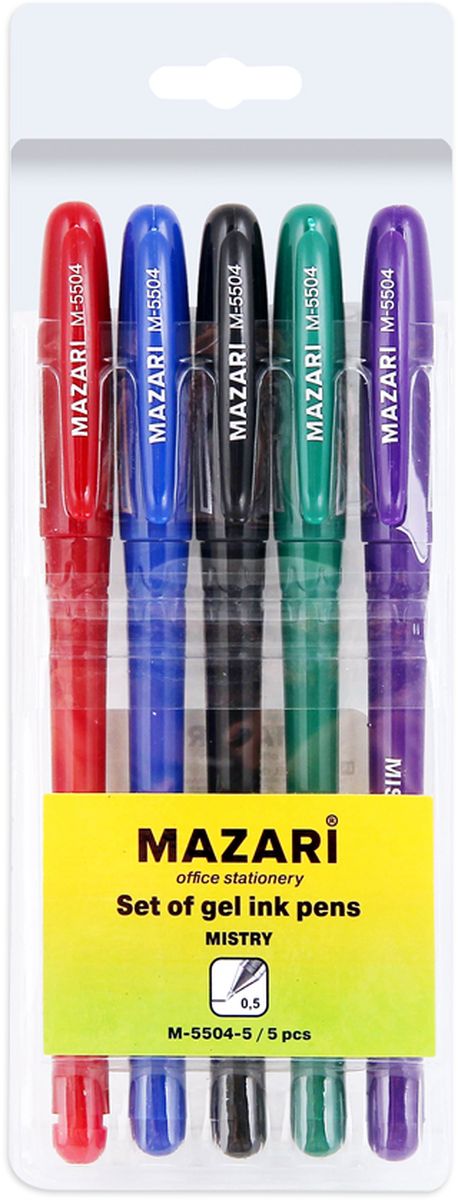 Mazari Набор гелевых ручек Mistry 5 цветовМ-5504-5 Mazari Набор гелевых ручек Mistry 5 цветовМ-5504-5Набор разноцветных гелевых ручек Mazari Mistry отлично подойдет для школы или офиса. Гелевая ручка имеет пулевидный пишущий узел 0,5 мм. Качественные гелевые чернила не требуют давления на пишущую поверхность, обеспечивая чёткие и плавные линии, а пластиковый цветной корпус с резиновым грипом позволяет контролировать их расход. В наборе: 5 ручек красного, зеленого, синего, фиолетового и черного цвета.
