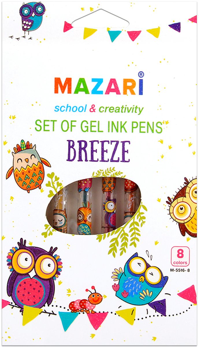 Mazari Набор гелевых ручек с блестками Breeze 8 цветовМ-5516-8 Mazari Набор гелевых ручек с блестками Breeze 8 цветовМ-5516-8Набор гелевых ручек Mazari Breeze- отличный выбор для любителей мягкого и удобного письма. Гелевая консистенция чернил равномерно распределяется по бумаге и быстро сохнет.Чернила ручек с блестками и имеют приятный аромат.Прозрачный корпус позволяет контролировать расход чернил.Пулевидный пишущий узел 0.8 мм.В наборе 8 разноцветных ручек.