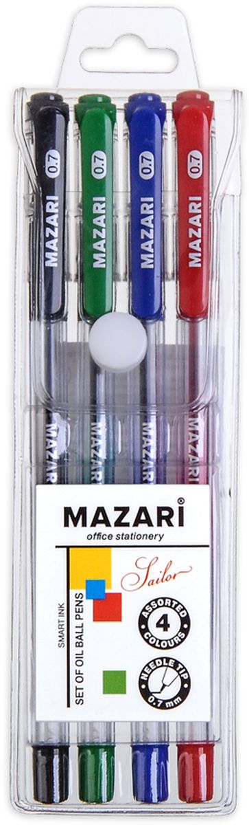 Mazari Набор шариковых ручек Sailor 4 цветаМ-5700-4 Mazari Набор шариковых ручек Sailor 4 цветаМ-5700-4Набор шариковых ручек Mazari Sailor состоит из четырех разноцветных ручек (синий, красный, зеленый, черный). Ручки пишут яркими насыщенными цветами. Чернила изготовлены на масляной основе (Индия). Ручки имеют игольчатый пишущий узел 0,7 мм. Корпус ручек изготовлен из качественного прозрачного пластика с резиновым грипом, что позволяет контролировать расход чернил.Ручки отлично подойдут и для письма, и просто для подчеркивания.