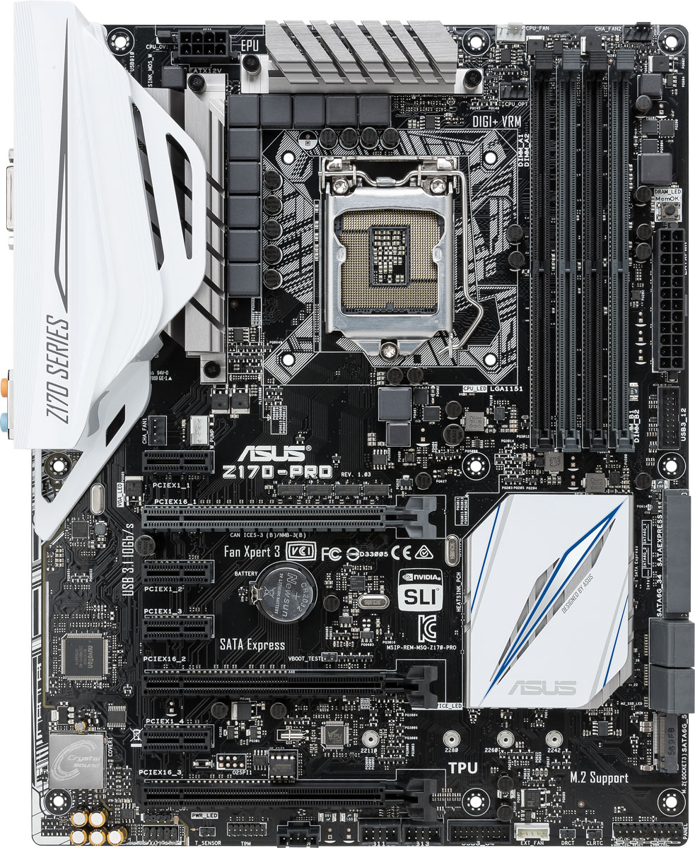 ASUS Z170-Pro материнская платаZ170-PRO ASUS Z170-Pro материнская платаZ170-PROМатеринская плата ASUS Z170-PRO предоставляет пользователю уникальную возможность оптимизировать различные параметры системы посредством одного щелчка мыши. Для определения оптимальных настроек ПК нужно всего лишь воспользоваться функцией пятисторонней оптимизации, разработанной компанией ASUS. Она обеспечивает максимальные показатели производительности ЦП и существенную экономию электроэнергии, дает возможность стабилизировать цифровую систему питания, отрегулировать скорость вращения вентиляторов, а также создать собственные конфигурации аудиосистемы и сетевого контроллера. Все это позволяет добиться потрясающих результатов: получить качественный и мощный звук, эффективное охлаждение при минимальном шуме, отсутствие запаздываний и задержек в работе приложений.Разгонный потенциал процессора реализовывается как при помощи специального переключателя, которым оснащена плата, так и посредством утилиты ASUS AI Suite 3. Если параметры разгона нуждаются в тонкой настройке, то с этим великолепно справится контроллер TPU (Turbo Processor Unit). Также пользователь получает возможность повысить энергоэффективность системы путем обесточивания неиспользуемых контроллеров. Энергетический процессор, являющийся собственной разработкой ASUS, в автоматическом режиме определяет уровень загрузки системы и вносит в ее настройки изменения для оптимизации энергопотребления. Для обеспечения беспрерывной работы фоновых приложений в отсутствие пользователя можно переключить ПК в специальный режим, который снижает потребление электроэнергии до возможного минимума.Технология Fan Xpert 3 дает возможность регулировать скорость вращения не только процессорных, но и корпусных вентиляторов, учитывая степень загрузки системы, а также температуру комплектующих. У материнской платы ASUS Z170-PRO имеется отдельный разъем, который позволяет подключить систему водяного охлаждения, а также режим Extreme Quiet, в котором вентиляторы вращаются на небольшой скорости, практически не создавая шума. При необходимости пользователь может сам задать фиксированную скорость их вращения, использовав соответствующий режим.Под конкретные игры и приложения моментально оптимизировать систему поможет фирменное приложение ASUS Turbo App, разгоняющее процессор, задающее приоритет использования тем или иным приложением сетевого соединения, а также вносящее коррективы в настройки системы звука.Технология ASUS PRO Clock, реализованная в представленной системной плате, дает возможность устанавливать базовую частоту от 400 до 650 МГц. Помогает обеспечивать столь высокие показатели контроллер ASUS TurboV Processing Unit, улучшающий контроль над напряжением и базовой частотой при разгоне. Среди других преимуществ технологии Pro Clock ускоренная загрузка ПК при старте, усовершенствованная синхронизация и стабильность системы в случае экстремального разгона.Второе поколение фирменной технологии ASUS T-Topology в значительной степени расширяет разгонный потенциал модулей памяти DDR4, позволяя достичь показателей частоты в 3866 МГц. Что касается передачи данных, то ее высокую скорость обеспечивают поддержка интерфейсов SATA Express и M.2, а также утилита USB 3.1 Boost, повышающая пропускную способность портов USB 3.1 Type-С и USB 3.1 Type-A.В отличие от классических систем BIOS, базовая система ввода-вывода от ASUS поддерживает управление мышью. Также в ASUS UEFI BIOS есть 2 режима - для энтузиастов и новичков. Продвинутый режим дает возможность автоматически определять видеокарты и выводить информацию об их характеристиках (функция GPU POST), восстанавливать показатели производительности твердотельных накопителей (Secure Erase), сохранять историю изменений настроек на USB-носитель и переименовывать порты SATA. При помощи режима EZ Mode можно настраивать вентиляторы, разгонять память путем включения «экстремальных профилей памяти» (EZ XMP), отображать информацию о SATA-портах и устройствах, подключенных к ним, а также легко настраивать дату и время. Кроме того, ASUS UEFI BIOS обладает и дополнительными возможностями, в частности, функцию EZ Flash 3 для обновления BIOS, оценку состояния дисковых накопителей с помощью системы S.M.A.R.T., создание RAID-массива и оптимизация параметров при помощи мастера EZ Tuning, а также создание списка, в который можно добавлять избранные инструменты и настройки.Материнская плата ASUS Z170-PRO обеспечит глубокое погружение в мир компьютерных игр. Геймеры оценят высокое качество звука, обеспечиваемое технологией Crystal Sound 3. Она предусматривает минимизацию помех в цепи питания, а также разделение цифровой и аналоговой части. Не последнюю роль в обеспечении качественного звучания играют экранирование, японские конденсаторы премиум-класса, усилитель и эксклюзивная схема, убирающая щелчки во время подключения наушников или колонок к аудиоразъемам.Благодаря функции Turbo LAN, в основу которой заложена технология cFosSpeed, можно предоставлять тому или иному приложению приоритетное право на использование сетевого трафика. Даже новички могут добиться существенного прироста скорости - до 45%.Материнская плата ASUS Z170-PRO располагает широкими мультимедийными возможностями, например, функцией Wi-Fi GO!, предоставляющей полный контроль над ПК, вне зависимости от того, где находится пользователь. Также следует отметить интерфейс Cloud GO! для работы с самыми популярными облачными сервисами, включая ASUS WebStorage, удаленные рабочий стол, мышь и клавиатуру, а также возможность в один клик обмениваться файлами между ПК и мобильными устройствами.Благодаря представленной системной плате домашний ПК можно легко превратить в центр развлечений, используя функцию потоковых трансляций ASUS Media Streamer - пользователь может слушать музыку и смотреть фильмы со своего ПК, где бы он ни находился. Также устройство наделено функциями HyStream (воспроизведение на большом экране контента с совместимых мобильных устройств, работающих на Apple iOS) и Mobo Connect (управление компьютером и мобильными устройствами при помощи одной клавиатуры и мыши).Стабильность работы ПК обеспечивает также система LANGuard, предусматривающая использование премиальных конденсаторов и защиту цепей локальной вычислительной сети от перенапряжения, которое вызывает статическое электричество. А эксклюзивная схема защищает плату от скачков напряжения как в блоке питания, так и в сети. Также компания ASUS разработала решения, которые позволяют обезопасить материнскую плату от перегрузок по току, коротких замыканий, электростатических разрядов (ESD Guards) и коррозии (задняя панель сделана из хромированной нержавеющей стали). Благодаря стабилизатору напряжения ASUS DIGI+ компьютер работает стабильно и эффективно.Не обошли своим внимание разработчики ASUS и компьютерных энтузиастов - многочисленные инновации здорово упрощают процесс сборки и эксплуатации ПК. Страстные поклонники создания новых конфигураций ПК высоко оценят такие решения, как PC Cleaner для удаления ненужных программ и файлов, защелки для удобной установки/извлечения видеокарт и модулей памяти Q-Slot и Q-DIMM, переходник Q-Connector, обеспечивающий быстрое и удобное подключение к системной плате кабелей, технология Q-Shield, защищающая от порезов, а также система светодиодной индикации ASUS Q-LED, позволяющая идентифицировать источник неполадок в работе ПК.Технологии:AI Suite 3 - единый программный интерфейс, предоставляющий доступ ко всем эксклюзивным технологиям и функциям.Fan Xpert 3 - система управления вентиляторами для эффективного охлаждения при минимальном уровне шума.Turbo App - приложение для моментальной оптимизации работы ПК под конкретные программы путем разгона процессора, приоритетного использования приложением сетевого соединения, а также оптимизации настроек аудиосистемы и др.Pro Clock - генератор тактовой частоты, задающий базовую частоту работы для процессоров Intel Core 6-го поколения на уровне 400 МГц и выше.ASUS UEFI BIOS - новый стандарт, который заменил классическую систему BIOS. UEFI BIOS поддерживает не только клавиатуру, но и компьютерную мышь.GPU POST - автоматическая идентификация видеокарт и вывод подробной информации об их характеристиках.Secure Erase - восстановление производительности твердотельных накопителей в процессе эксплуатации.EZ Flash 3 - программа, предназначенная для обновления BIOS материнской платы без загрузки ОС.S.M.A.R.T. - технология самоконтроля, анализа и отчетности для проверки состояния жестких дисков.Crystal Sound 3 - технология, обеспечивающая стабильное питание, уменьшающая уровень помех на входе, минимизирующая наводки, щелчки при подключении кабелей и электромагнитные помехи.cFosSpeed - технология управления сетевым трафиком.Wi-Fi GO! - приложение, обеспечивающее поддержку DLNA-совместимых домашних устройств, удаленное управление ПК и множество других функций.Cloud GO! - программа, которая предназначенная для централизованного использования облачных сервисов ASUS WebStorage, Google Drive, Dropbox и OneDrive.Media Streamer - трансляция мультимедийных файлов с ПК или облачного хранилища на совместимые телевизоры или мобильные устройства.HyStream - функция, позволяющая выводить изображения с совместимого планшета или смартфона на телевизор.Mobo Connect - одновременная работа с компьютером и мобильными устройствами с использованием одного комплекта из клавиатуры и мыши, а также параллельной зарядкой мобильного гаджета.LANGuard - защита разъема проводной сети от перепадов напряжения и статического электричества.DIGI+ Power Control - стабилизатор питания, наделяющий материнские платы высоким уровнем энергоэффективности и отличным разгонным потенциалом.PC Cleaner - утилита для удаления ненужных файлов и программ, которые засоряют место на жестком диске, и ускорения процесса начальной загрузки ПК.Q-connector - адаптер для подключения корпусных кабелей.Q-DIMM - удобные односторонние защелки, которые упрощают монтаж и демонтаж модулей памяти.Q-Slot - защелка, предназначенная для графического слота, упрощающая установку и демонтаж видеокарты.Q-Shield - никелированная вставка, защищающая пользователя от порезов.Q-LED - система светодиодных индикаторов, позволяющая определить, какие именно компоненты являются причиной неполадок в работе ПК.