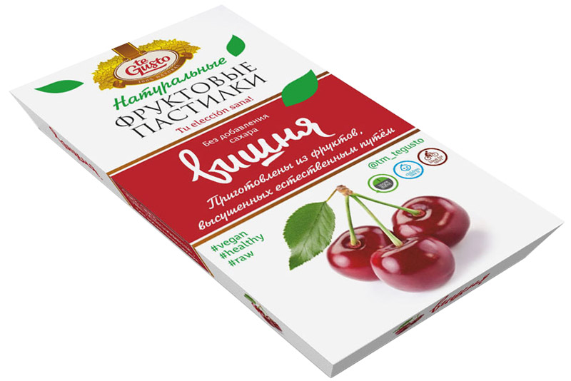 te Gusto Фруктовые пастилки из вишни, 90 г4657155301672 te Gusto Фруктовые пастилки из вишни, 90 г4657155301672Фруктовые пастилки te Gusto без ГМО, глютена, сои, сахара, фруктозы, красителей, усилителей вкуса, загустителей. В составе только один ингредиент – плод, выращенный в экологически чистом районе. Пастилки изготовлены методом солнечной сушки, без консервантов.Особый способ измельчения плодов позволяет сохранить витамины в первозданном виде. Данный продукт создан для людей, ведущих здоровый образ жизни и уделяющих большое внимание своему питанию. Для спортсменов это полезный и питательный перекус, для вегетарианцев – сладость, не содержащая продуктов животного происхождения, для детей – натуральное лакомство, которое единожды попробовав, они предпочитают шоколадкам, и для всех, вне зависимости от возраста и систем питания – здоровый продукт без красителей, консервантов и подсластителей.Укрепляет иммунную систему, способствует поддержанию хорошего физического состояния, нормализует здоровые режимы сна.